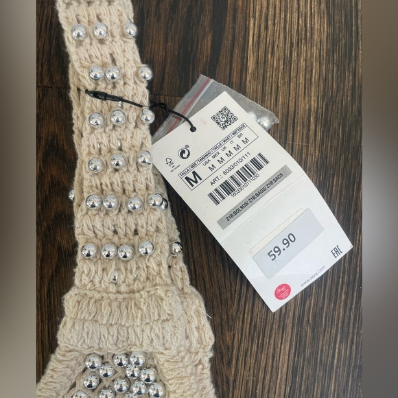 Zara Crocheted Bag with Silver Metal Studs . Double handle. NWT - Picture 4 of 6